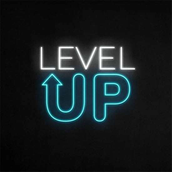 Neon sign reading "LEVEL UP" with supporto Plexiglass mount, 0.8 mm thickness, 3m power cable, transformer included
