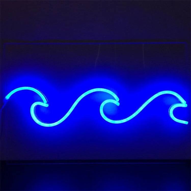 Blue neon wave sign on plexiglass wall mount with power cable and transformer included