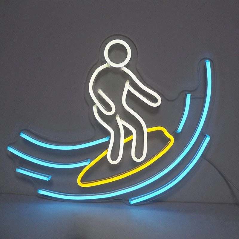 Neon surfboard light sign on plexiglass support with blue waves and yellow board