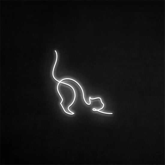 Gatto neon bianco su sfondo nero con supporto in plexiglass o muro, trasformatore incluso