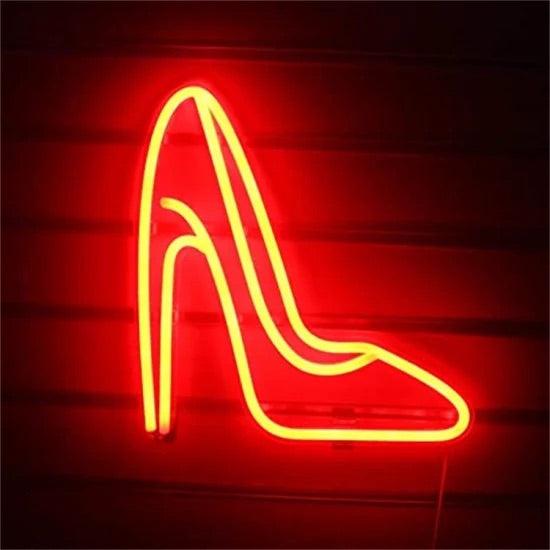 Scarpa tacco neon glowing red high heel sign with plexiglass support and 3m power cable