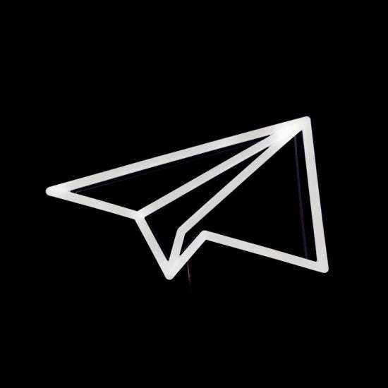 neon flyer shaped like a paper airplane glowing on black background