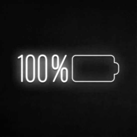 Neon battery 100% charge indicator sign glowing on black background
