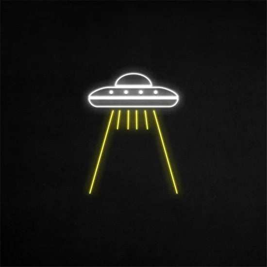 Neon sign of a UFO spaceship with yellow beams on a black background Astronave Neon