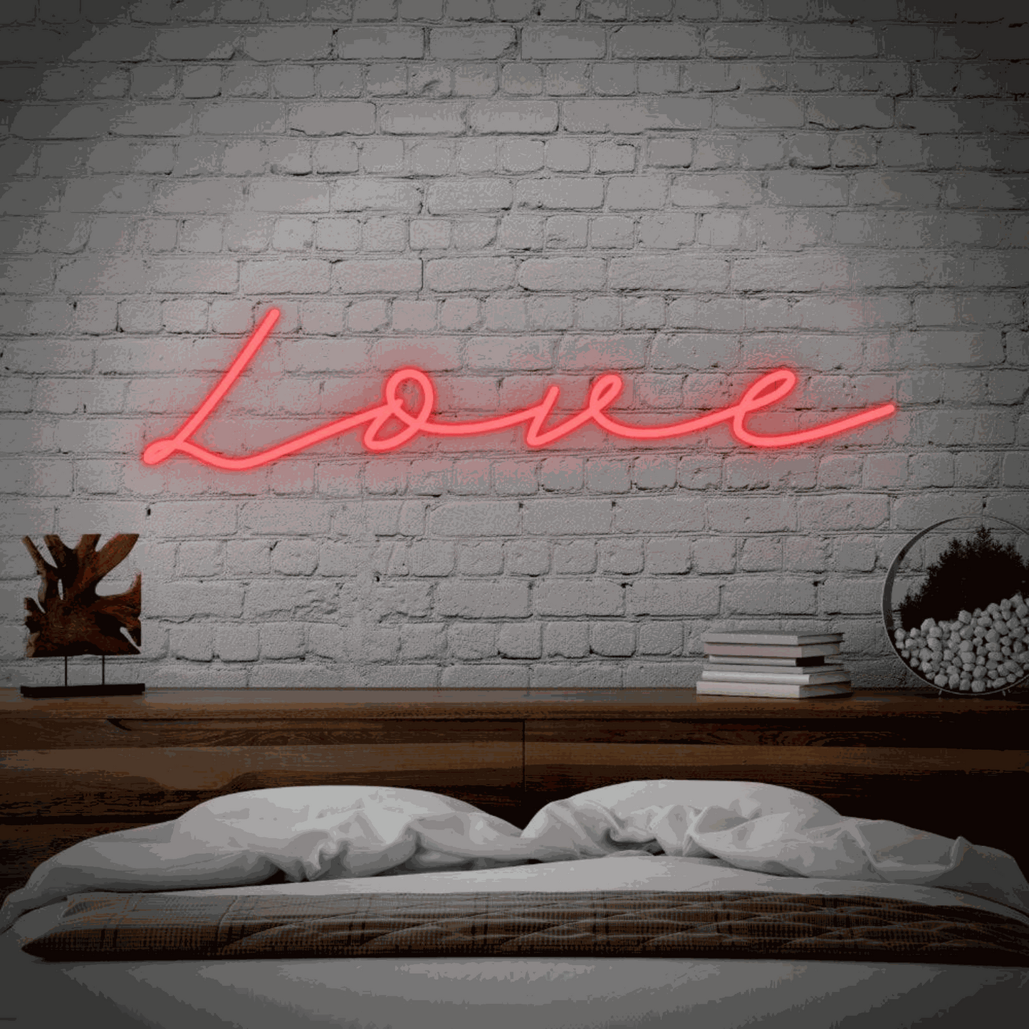 love allungato neon led sign mounted on white brick wall above bed